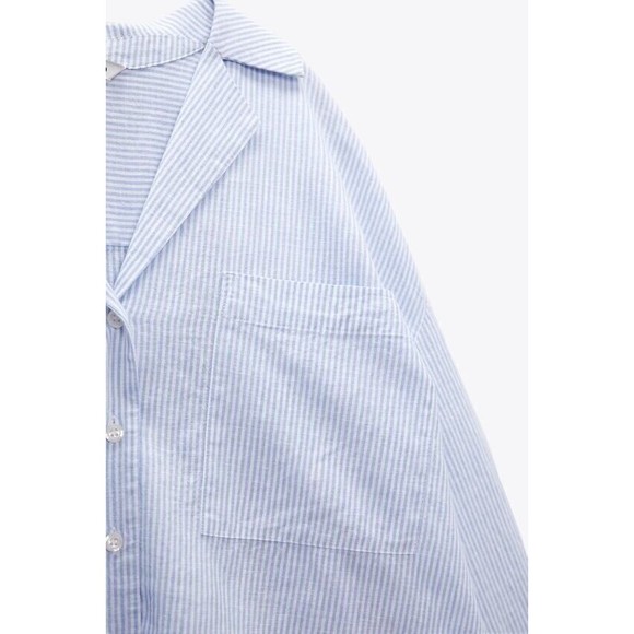 ZARA Blue White STRIPED PAJAMA STYLE OVERSIZE BLOUSE Size S NEW - Picture 4 of 7